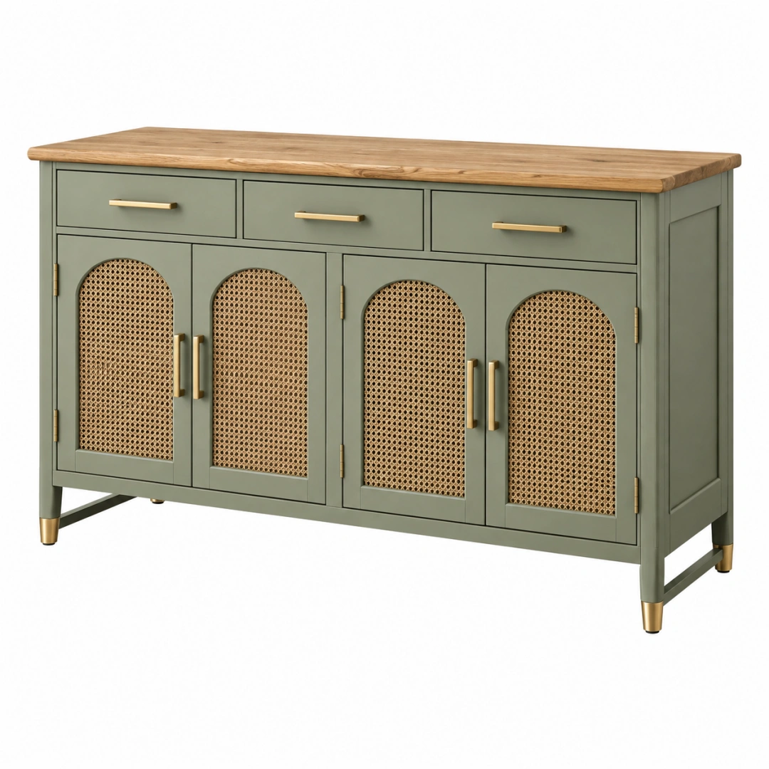 Aparador 160 x 45 x 90 cm de madera verde con ratán - almacenamiento de estilo natural