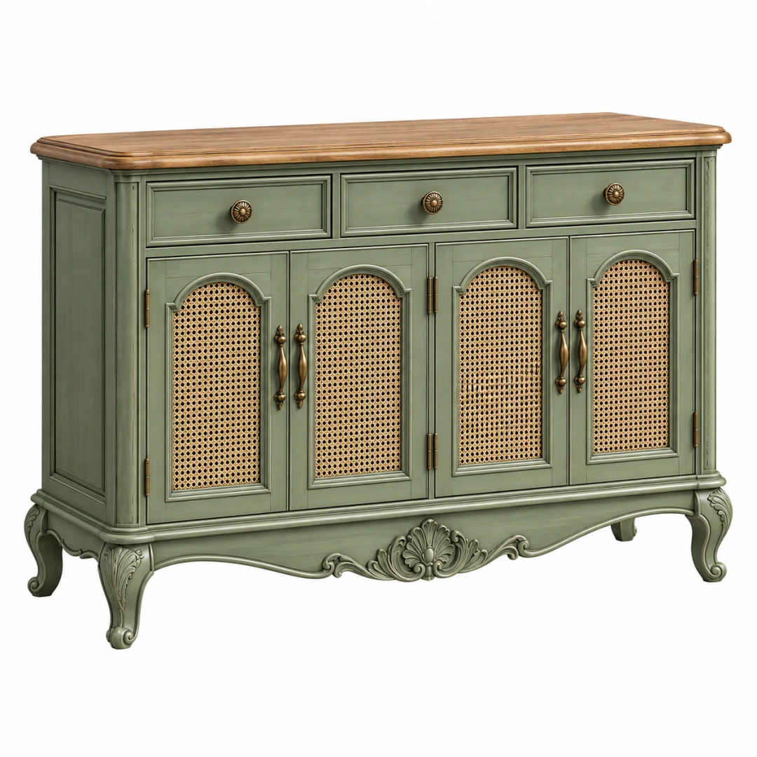 Aparador 160 x 45 x 90 cm de madera verde con rejilla de ratán - estilo clásico con almacenaje
