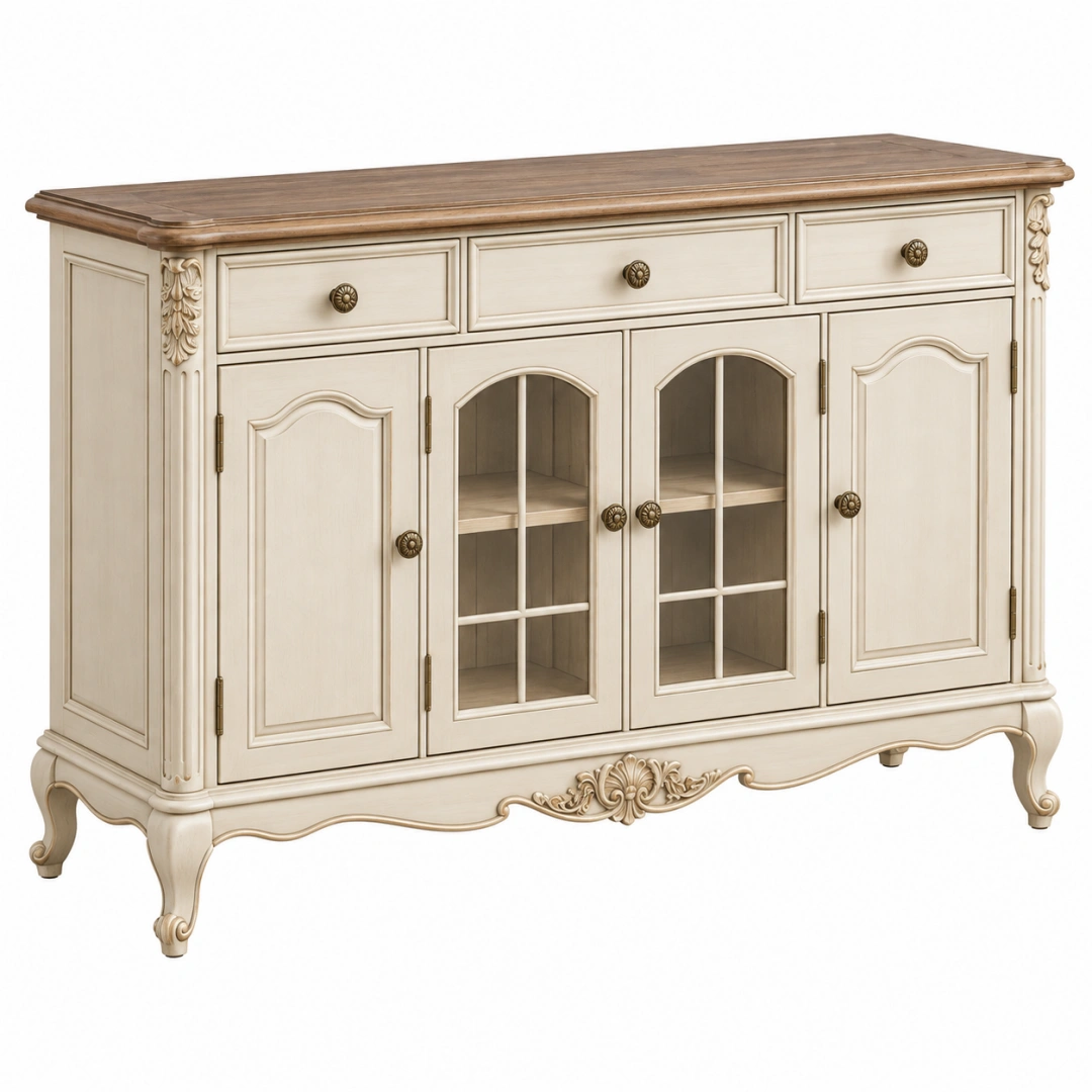 Aparador 160 x 45 x 100 cm de madera y vidrio crema marrón con almacenaje estilo clásico