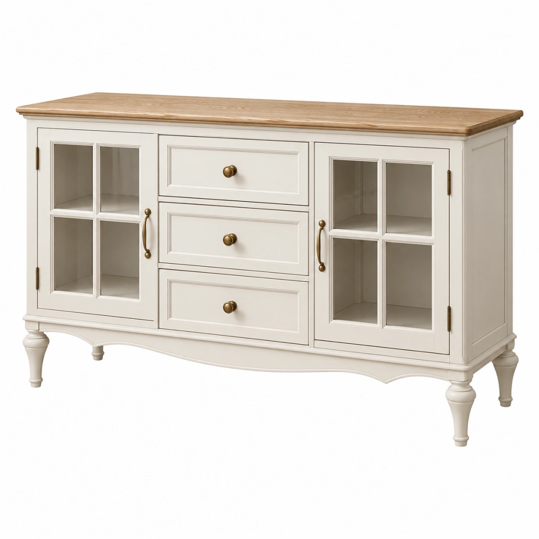 Aparador 150 x 45 x 90 cm de madera blanco y natural con puertas de vidrio y cajones