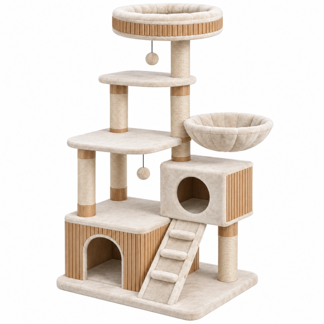 Árbol rascador para gatos 60 x 50 x 150 cm de sisal y felpa beige con plataformas y refugios