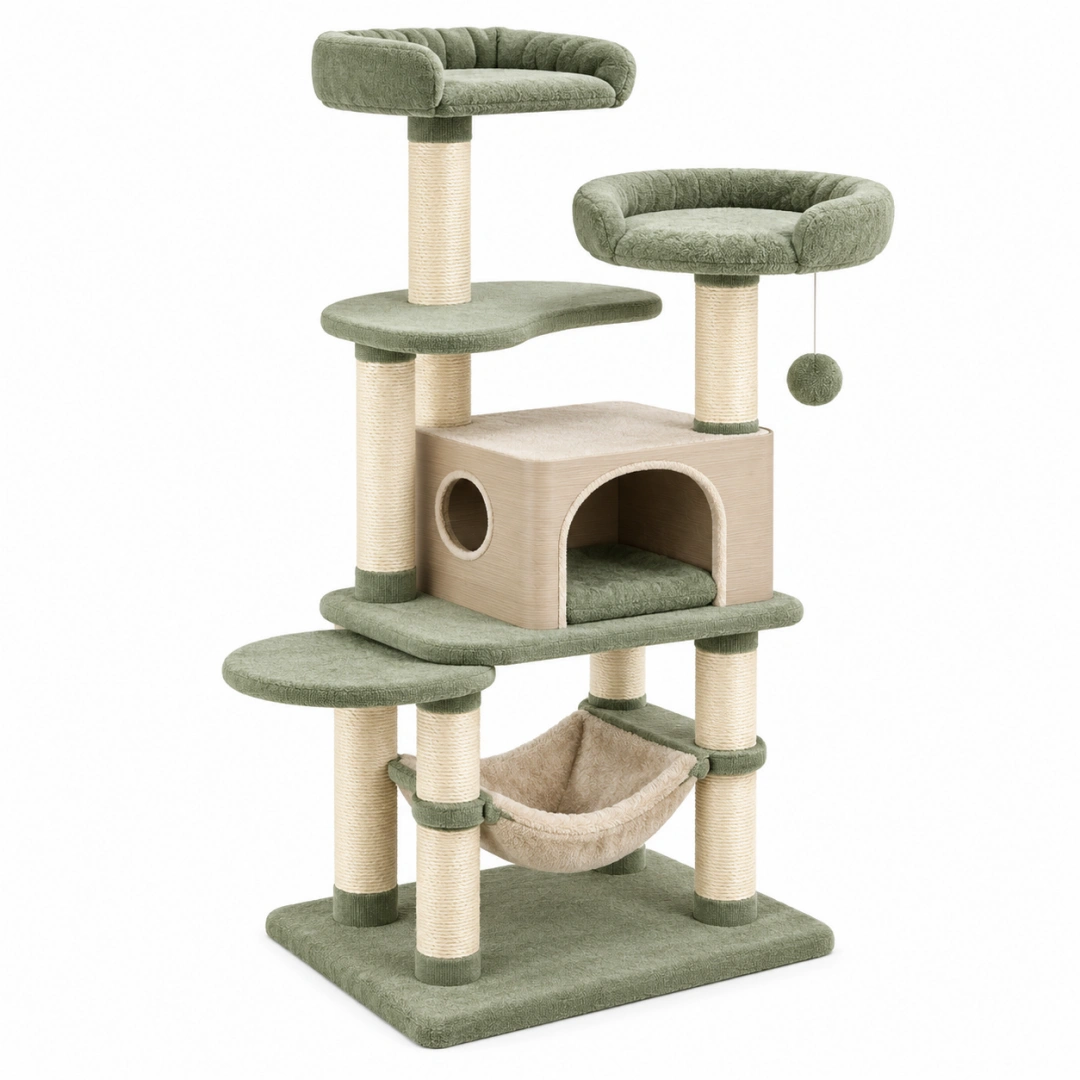 Árbol para gatos 60 x 50 x 150 cm de sisal y felpa verde con plataformas rascadoras y cueva