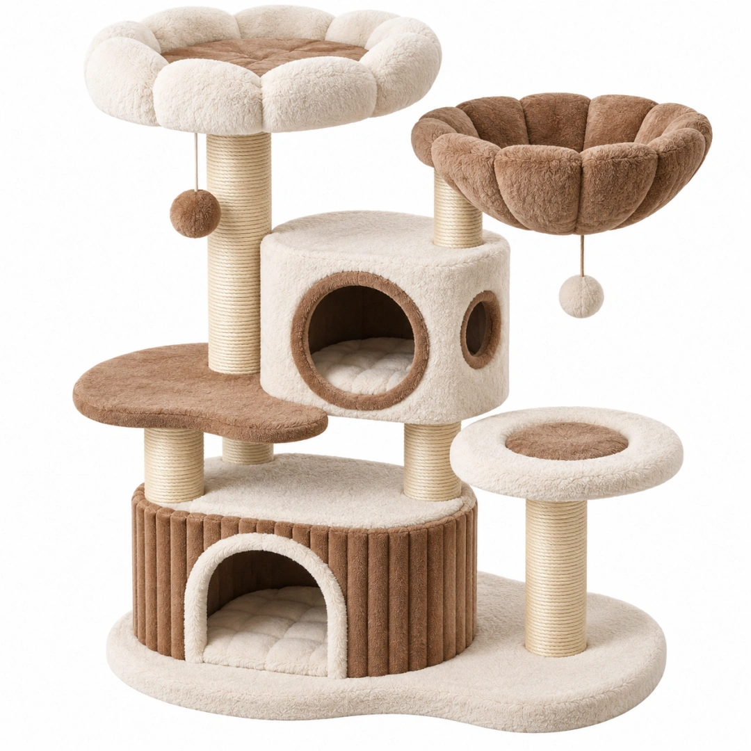 Árbol rascador para gatos 60 x 50 x 130 cm de felpa beige y marrón con sisal y refugios