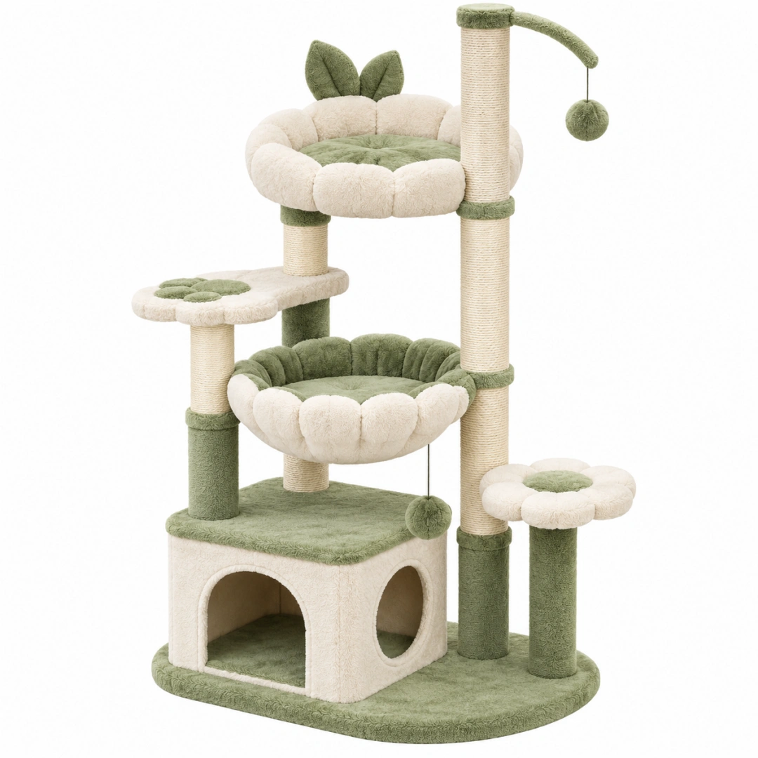 Árbol para gatos 60 x 50 x 140 cm beige y verde de felpa con rascadores de sisal y plataformas