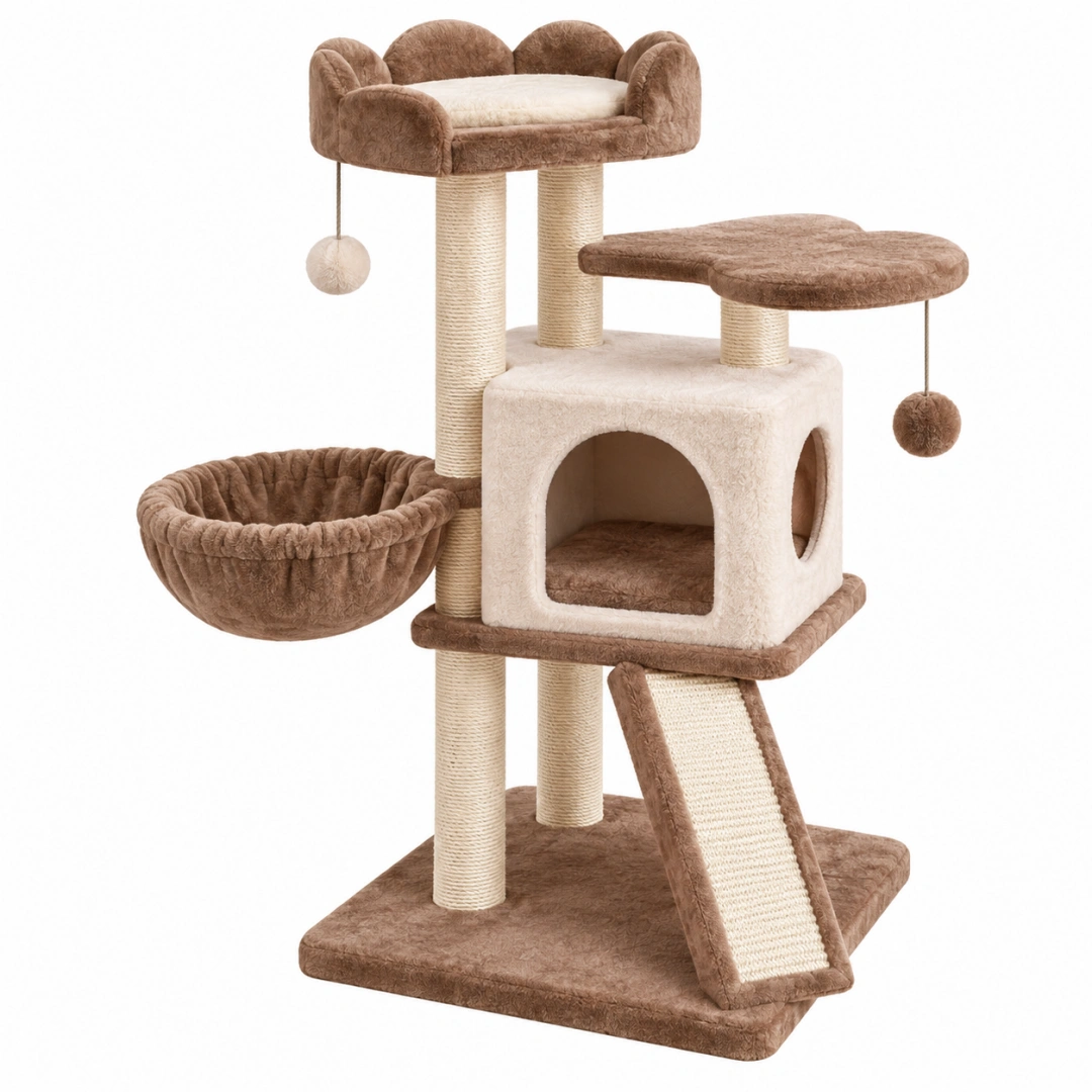 Árbol para gatos 60 x 50 x 145 cm de felpa beige y marrón con rascadores y cueva