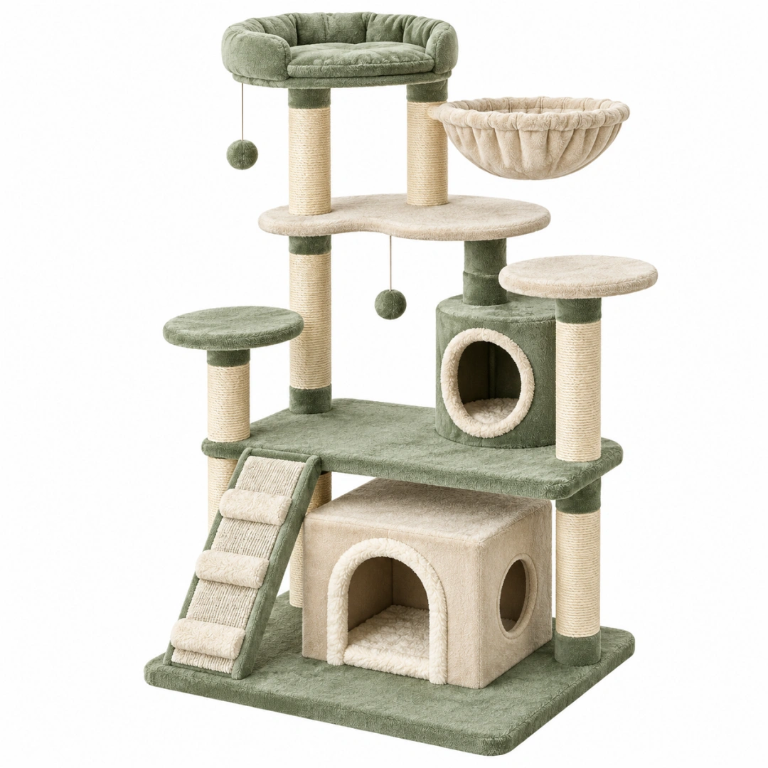 Árbol rascador para gatos 60 x 50 x 170 cm de sisal y felpa verde/beige con plataformas y refugios