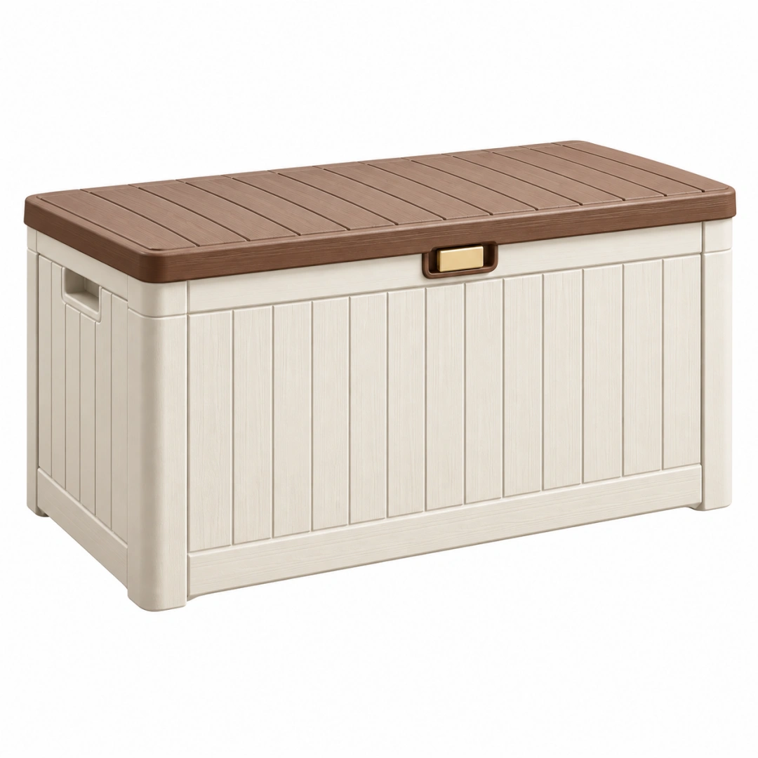 Arcón de almacenaje 100 x 45 x 50 cm de plástico beige/marrón para exterior con tapa estilo clásico