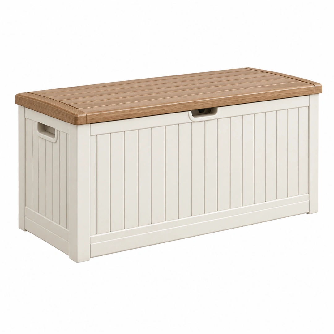 Arcón de almacenamiento 120 x 55 x 60 cm de resina blanco/marrón con tapa efecto madera para exterior