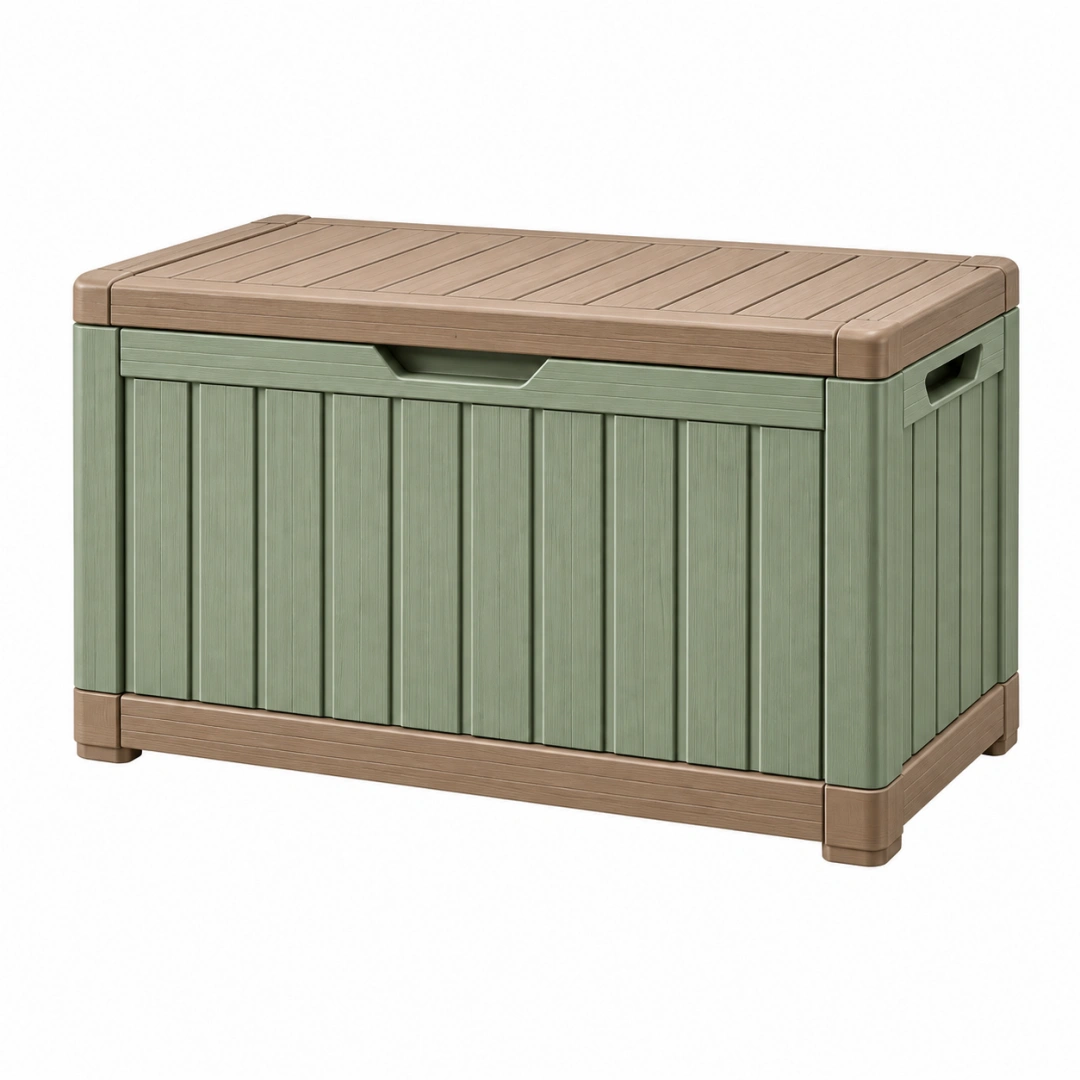 Baúl de almacenaje 120 x 60 x 65 cm de plástico verde y marrón para exterior - tapa abatible