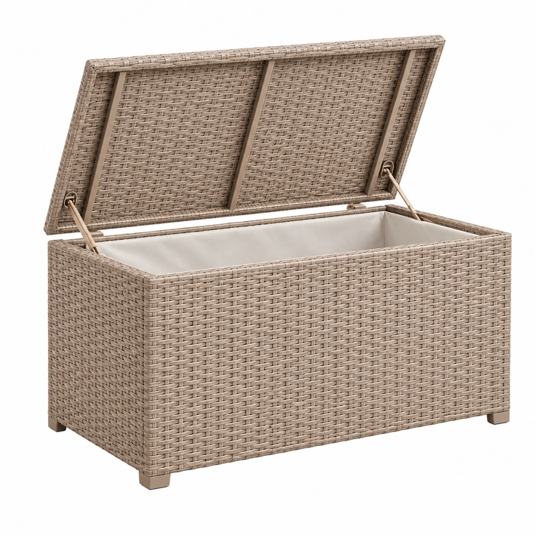 Arcón de almacenaje exterior 120 x 60 x 65 cm en ratán sintético beige con tapa abatible