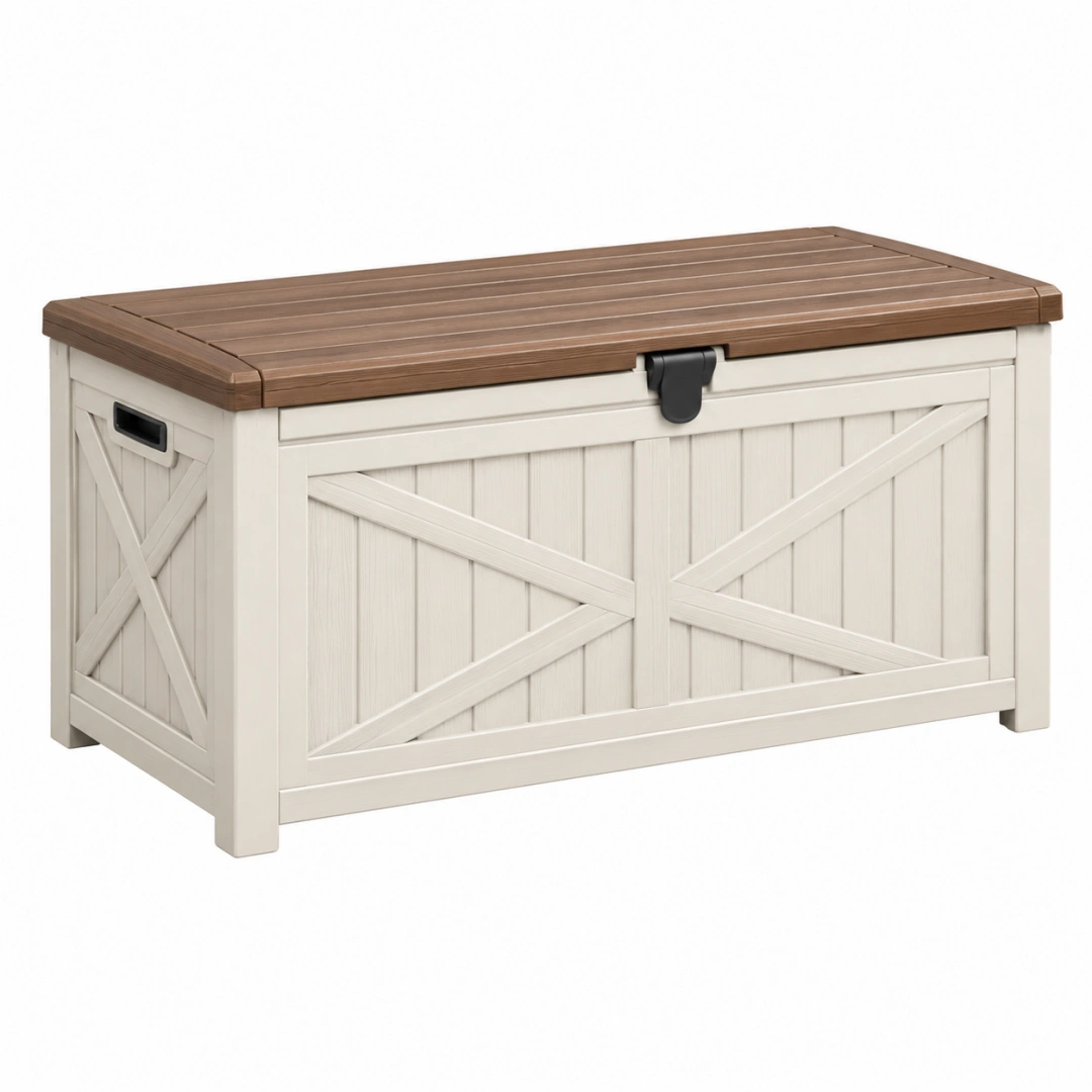 Arcón de almacenamiento 120 x 60 x 63 cm de plástico beige y marrón con tapa estilo rústico