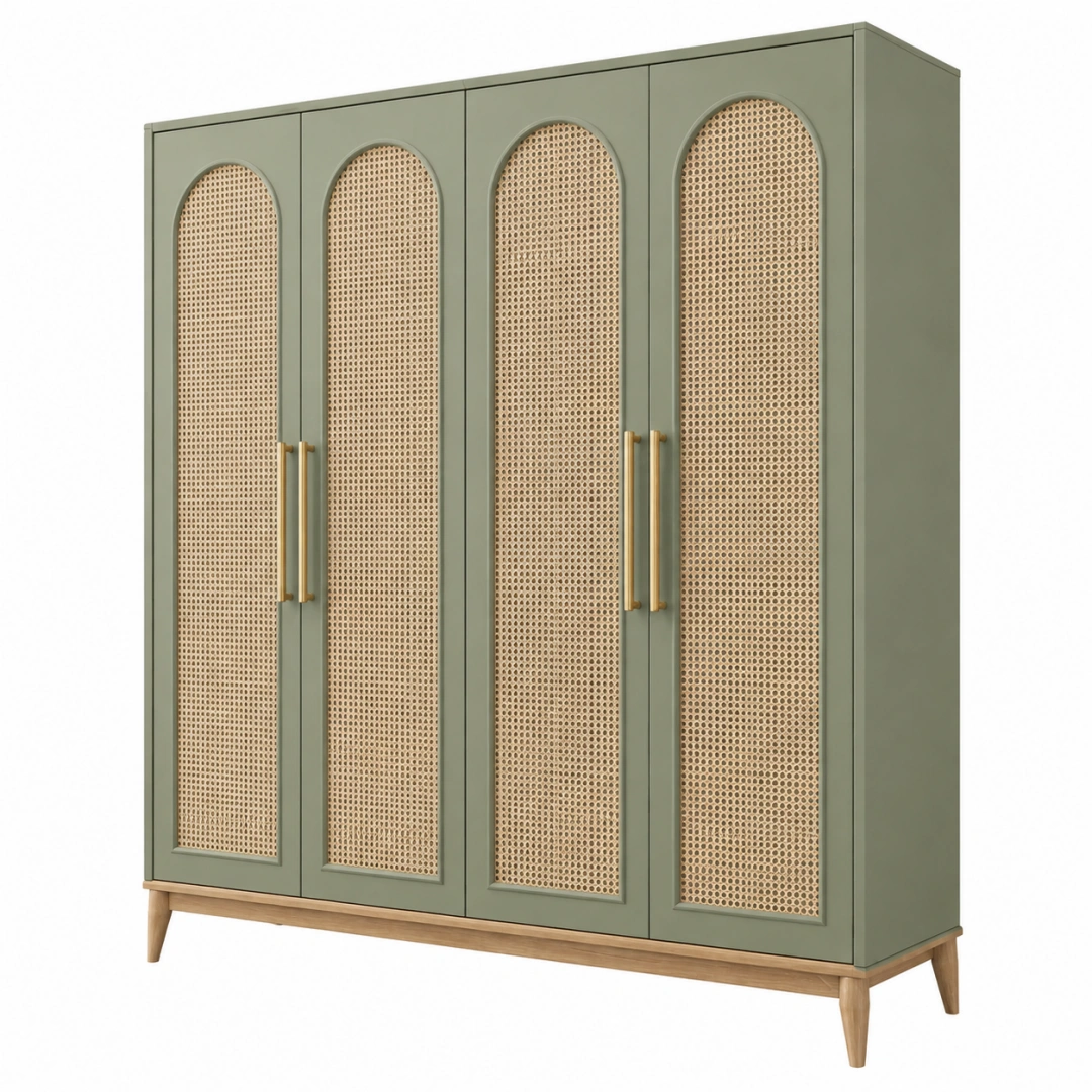 Armario 180 x 60 x 200 cm de madera verde con rejilla de ratán - almacenaje de estilo nórdico