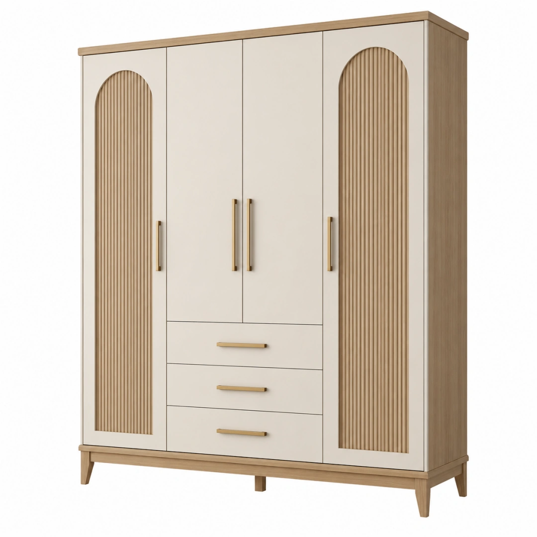 Armario ropero 160 x 55 x 200 cm de madera en beige y roble con 4 puertas y 3 cajones