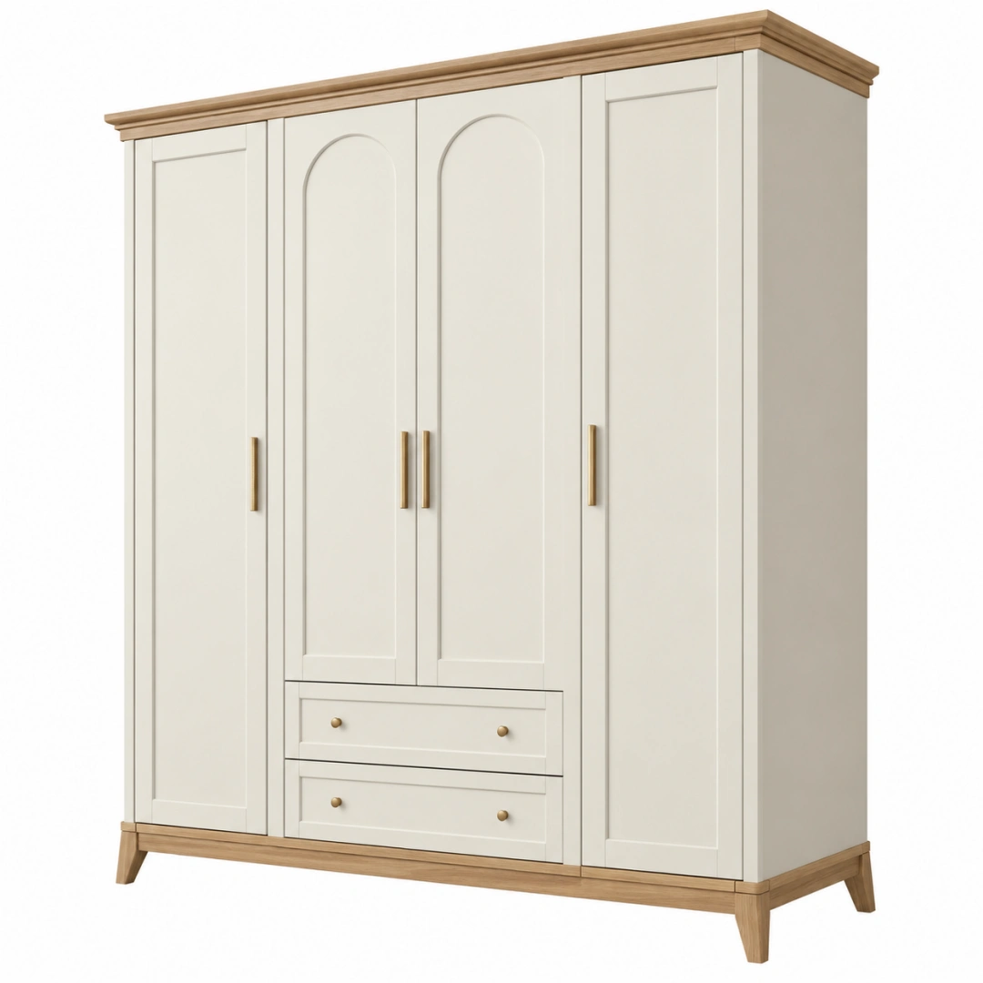 Armario ropero 180 x 55 x 220 cm de madera blanco y natural con 4 puertas y 2 cajones