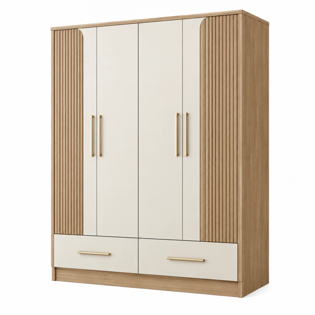 Armario ropero 160 x 52 x 200 cm de madera beige y natural con cuatro puertas y cajones estilo contemporáneo