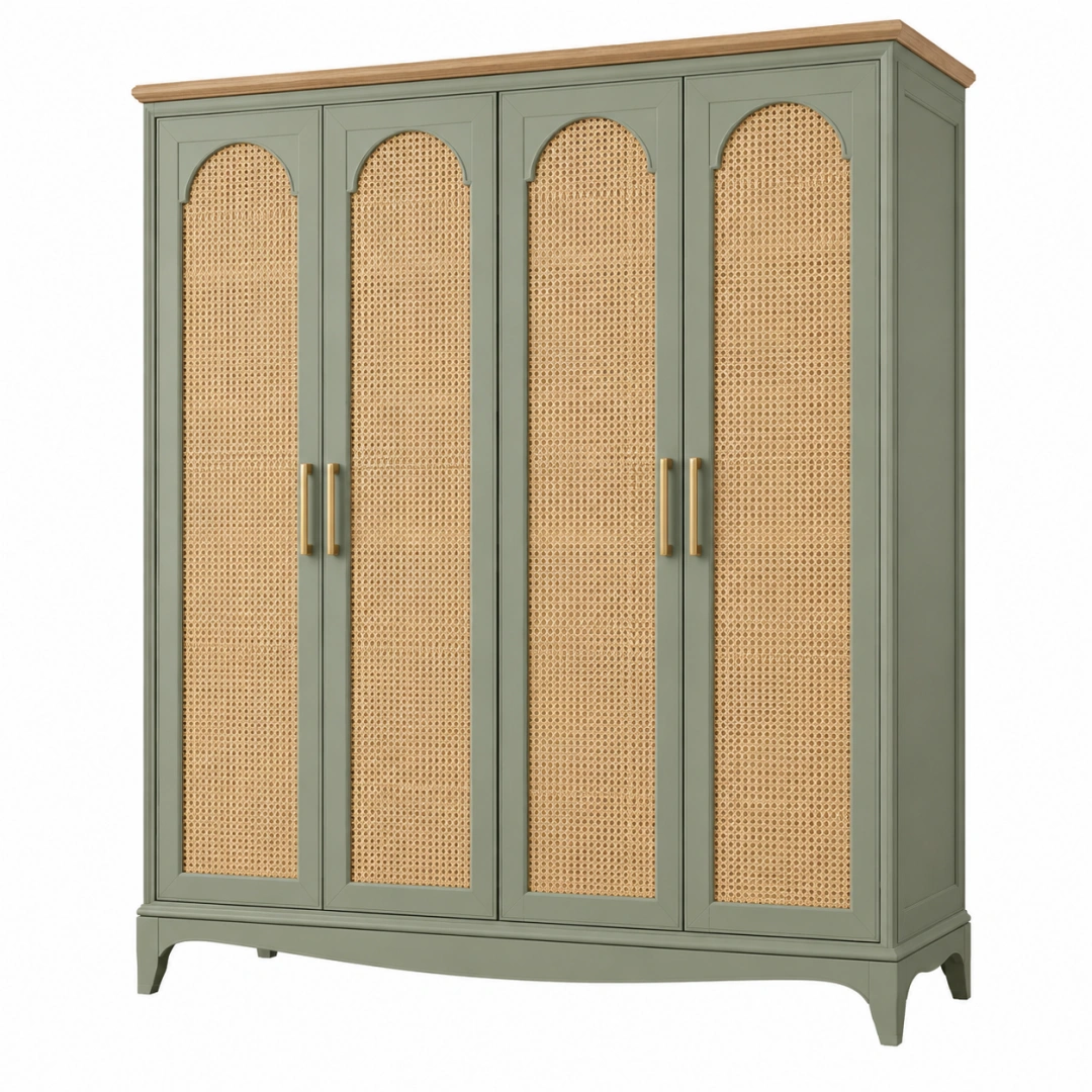 Armario 180 x 55 x 200 cm de madera verde salvia y ratán natural - 4 puertas estilo vintage