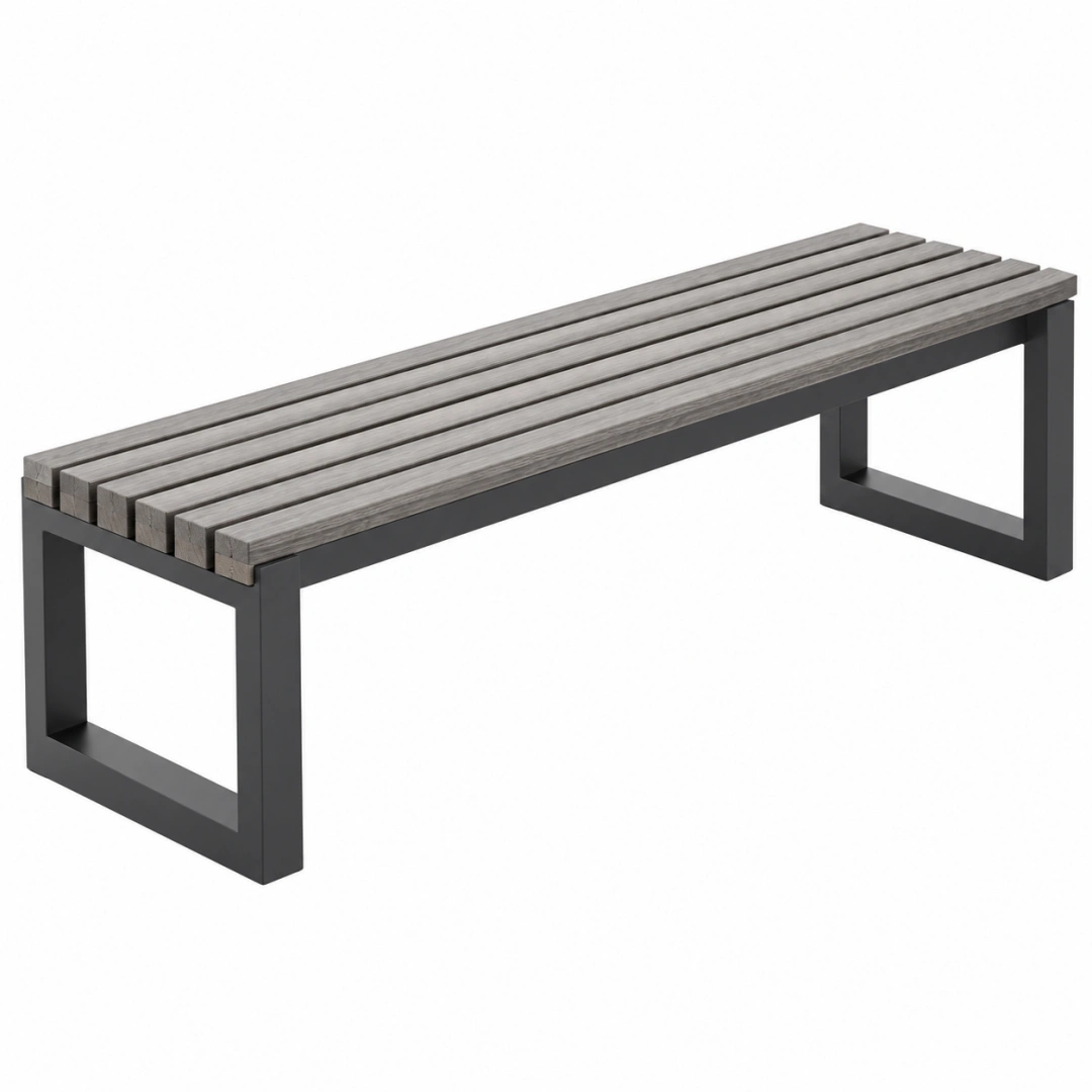 Banco de jardín 180 x 35 x 45 cm de madera gris y acero negro estilo industrial