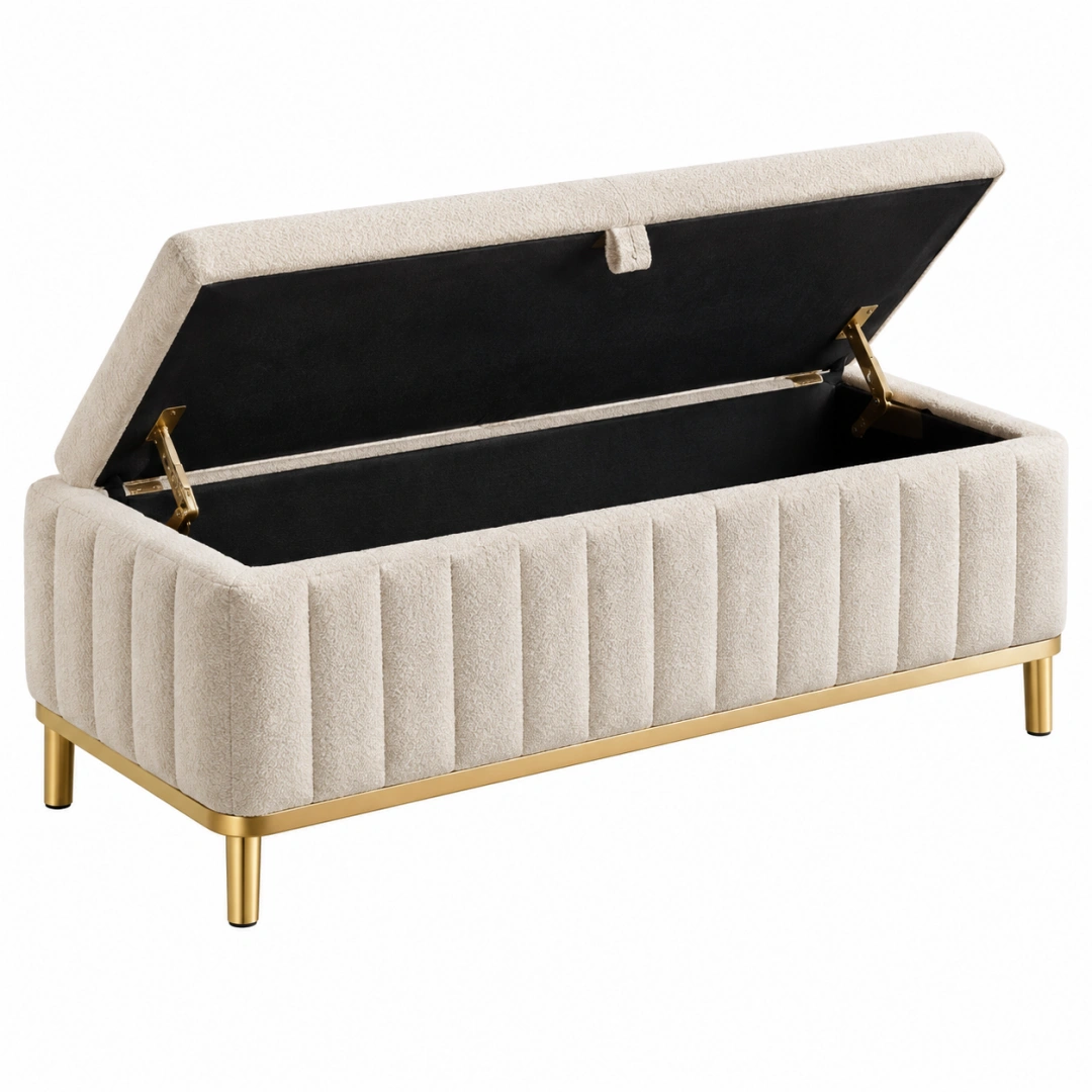 Banco arcón 120 x 45 x 50 cm de tela bouclé beige con patas metálicas doradas