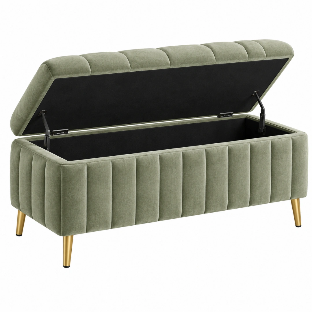 Banco baúl 120 x 45 x 50 cm de terciopelo verde con almacenaje estilo moderno