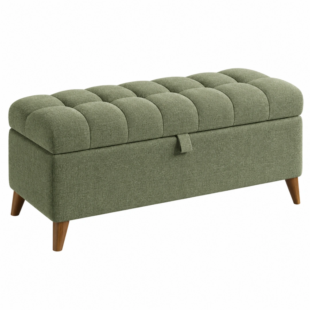 Banco arcón 120 x 45 x 50 cm de tela verde con patas de madera estilo moderno