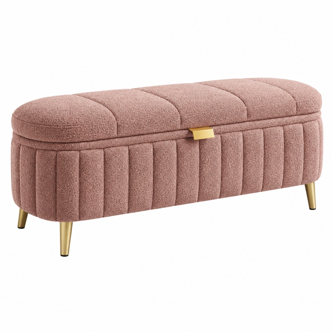 Banco baúl 100 x 40 x 45 cm de tela rosa con patas metálicas - almacenaje estilo moderno