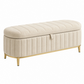 Banco de almacenaje 120 x 45 x 45 cm tapizado textil beige con patas metálicas doradas