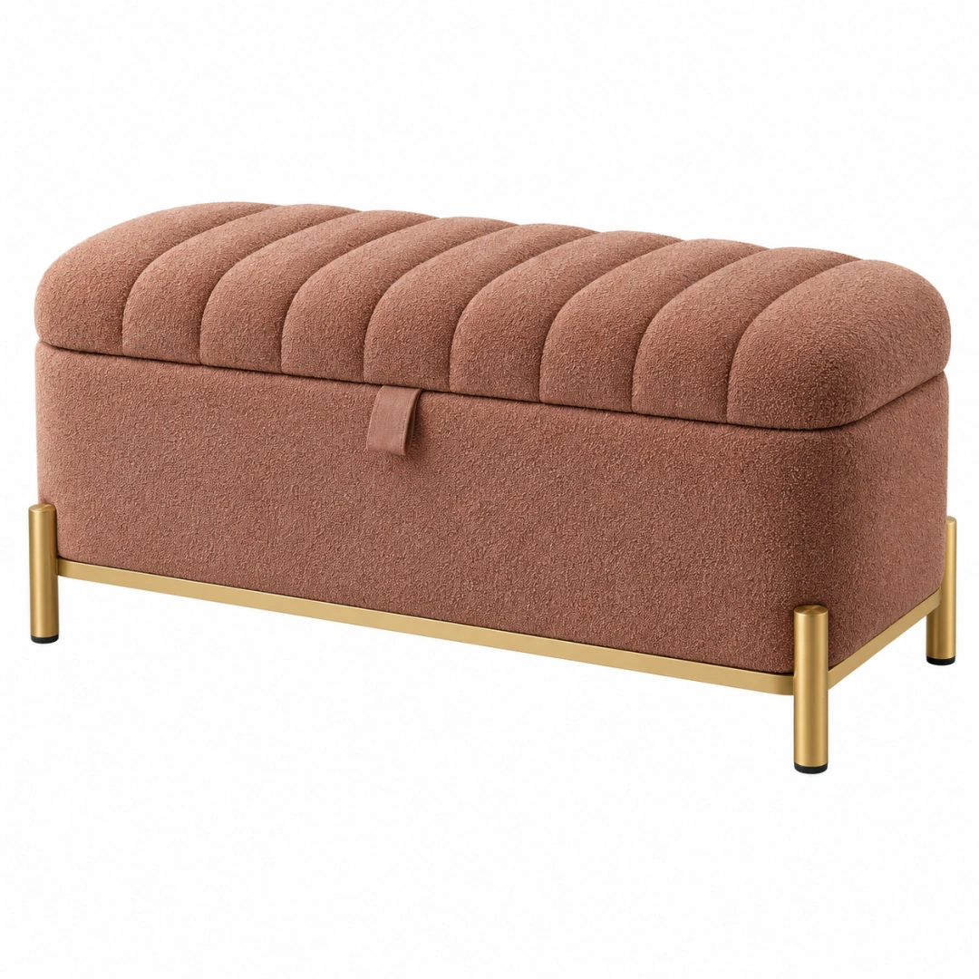 Banco baúl 110 cm de tela bouclé color teja con patas metálicas doradas - estilo moderno para almacenaje