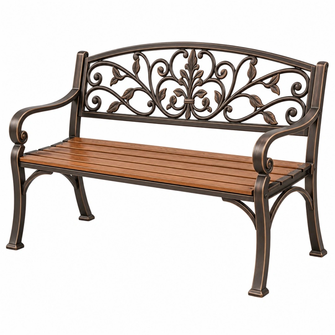 Banco de jardín 127 x 62 x 92 cm de acero y madera marrón bronce con respaldo ornamental