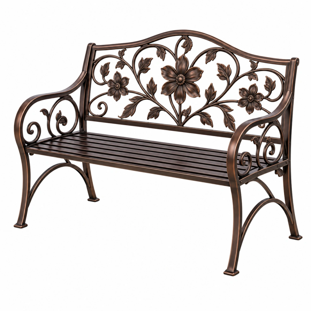 Banco de jardín 122 cm de hierro marrón con diseño floral ornamental