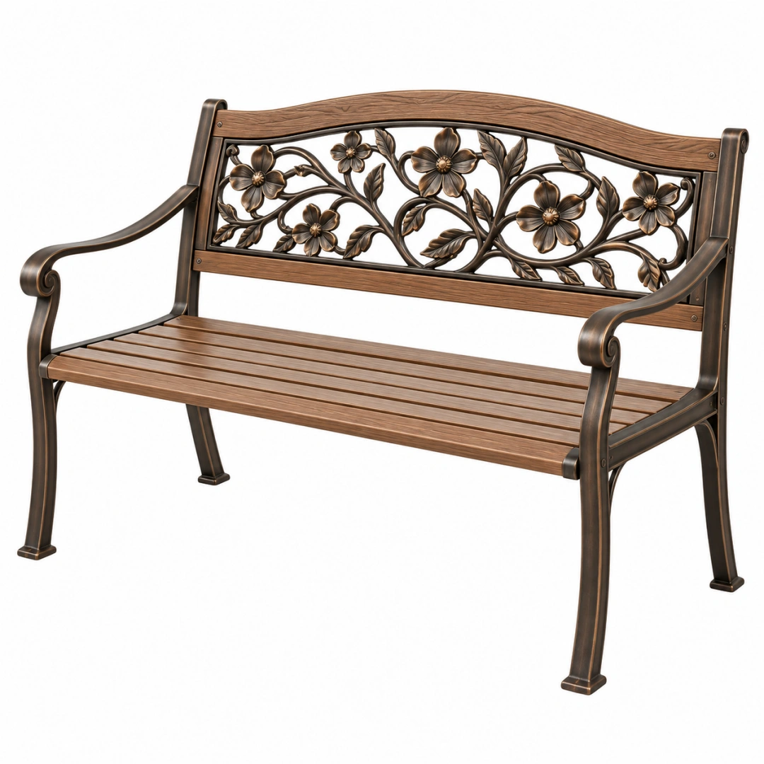 Banco de jardín 122 x 62 x 91 cm de madera y metal marrón con respaldo floral