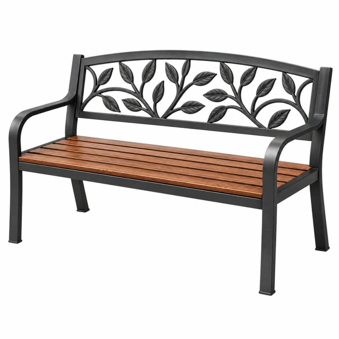 Banco de jardín 122 x 62 x 90 cm de metal y madera marrón negro con respaldo decorativo