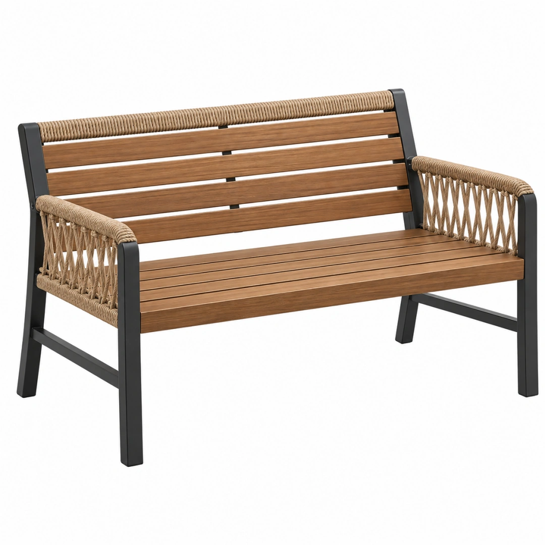 Banco de jardín 124 x 68 x 84 cm de madera y metal marrón y negro con reposabrazos trenzados