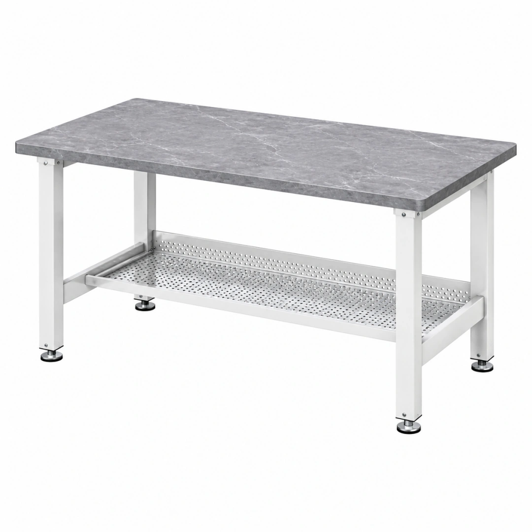Mesa de trabajo 120 x 60 x 85 cm de acero blanco con encimera gris efecto mármol y estante perforado